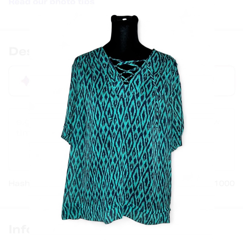 BANANA REPUBLIC Green Black Geometric Blouse L VNeck W/Cross Straps Lightweight